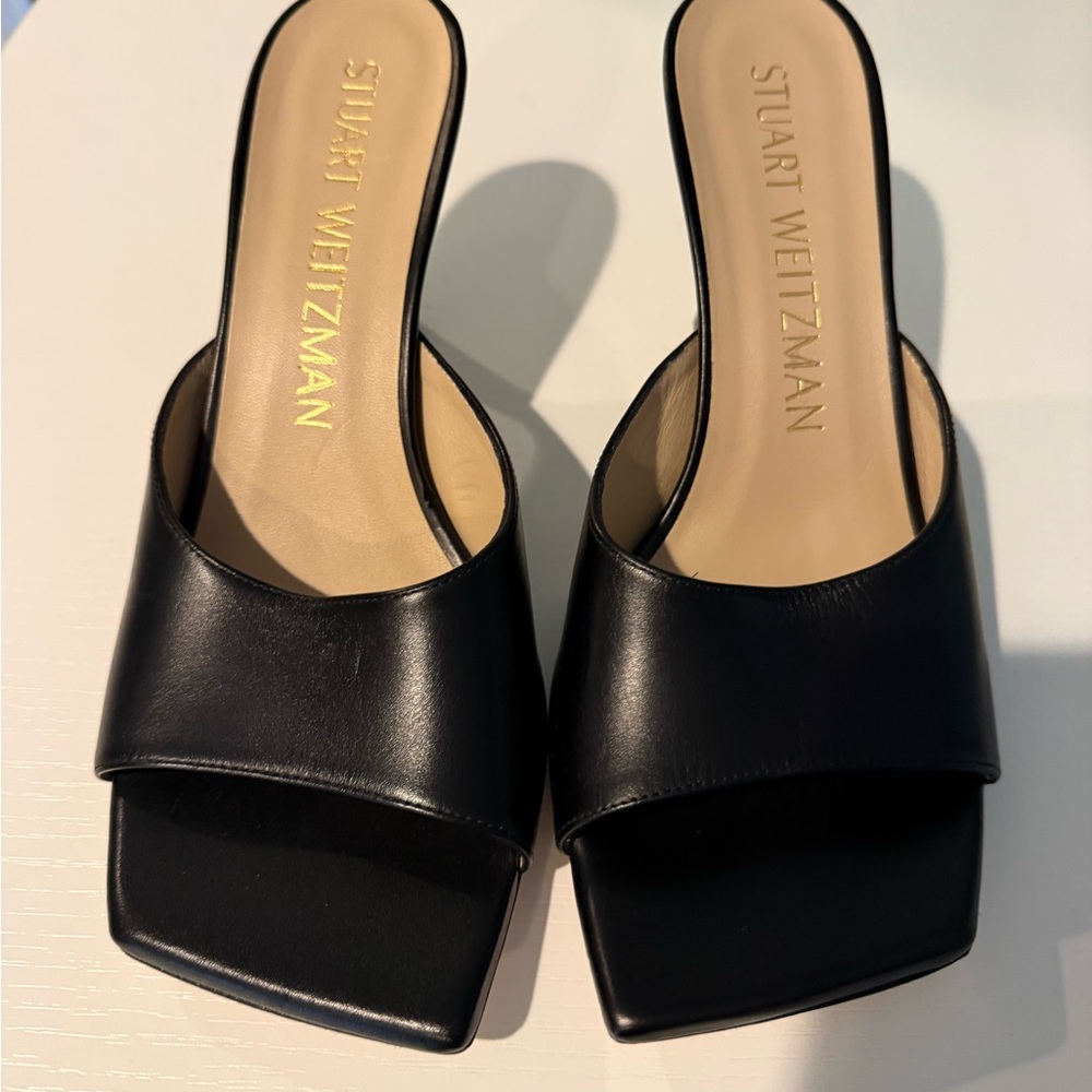 Stuart Weitzman Black Leather Mules, Tia 75 Sandal